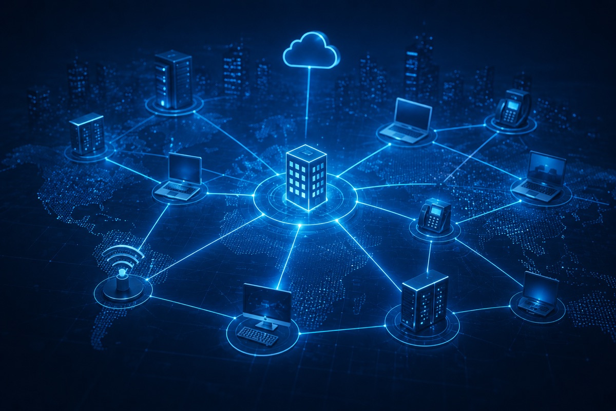 Illustration of a business network connecting offices, servers, phones, and devices across locations