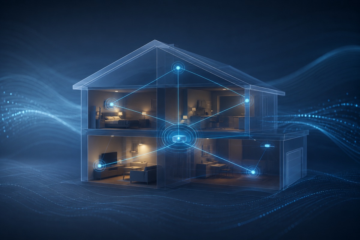 Illustration of a whole-home mesh WiFi network with access points covering every room